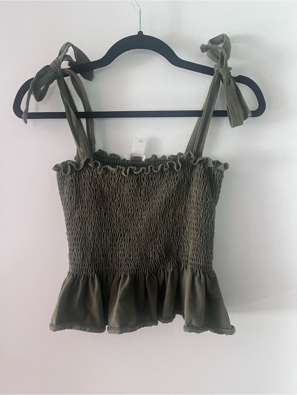 Smocked Tie-Shoulder Peplum Top in Olive